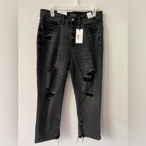NWT Judy Blue Hi Waisted Skinny Capri Jeans Black Size 14W Distressed 20” Inseam